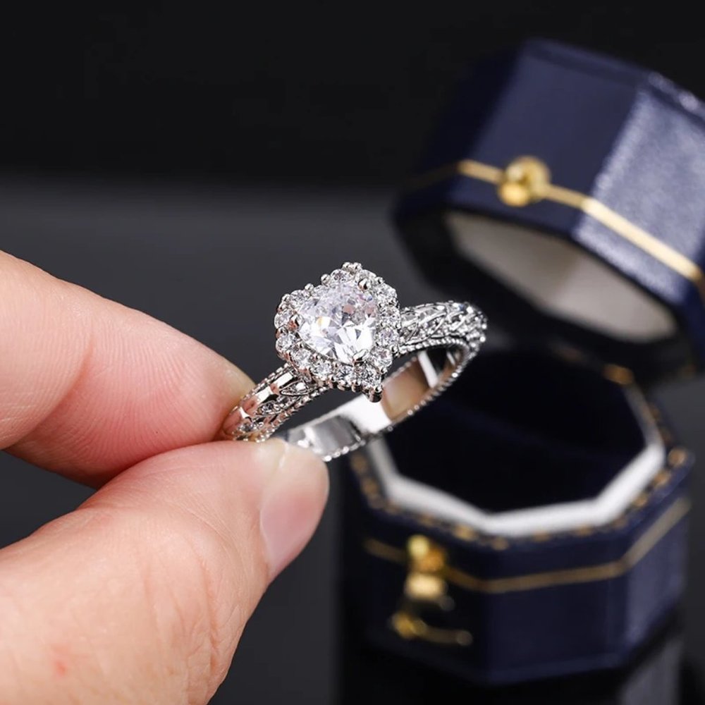Heart Shaped Bridal Ring .925 Solid Sterling Silver, 18K White Gold Finish - Picture 6 of 6